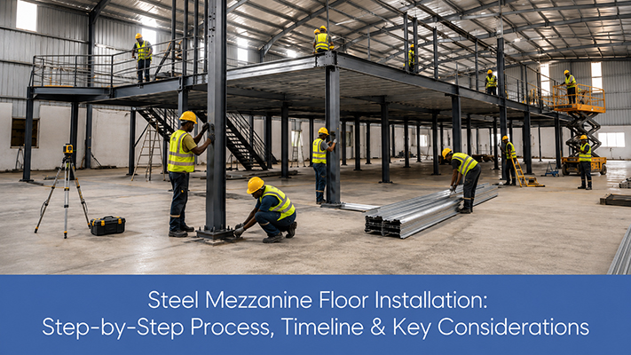 Steel mezzanine floor installed inside a warehouse in Uganda with stairs and safety handrails
