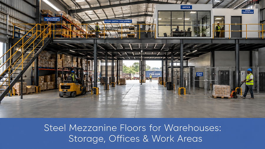 Steel mezzanine floor in Uganda warehouse for storage, office and work areas