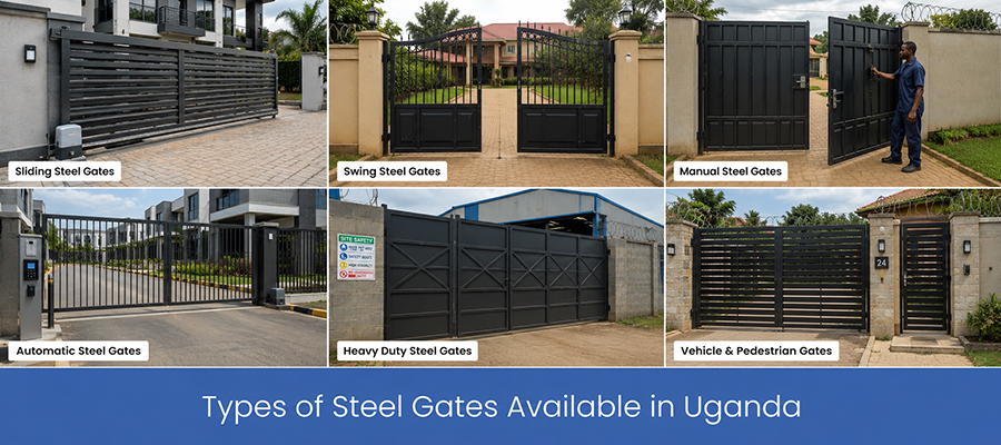Types of steel gates in Uganda including sliding, swing, automatic, manual and heavy duty gates